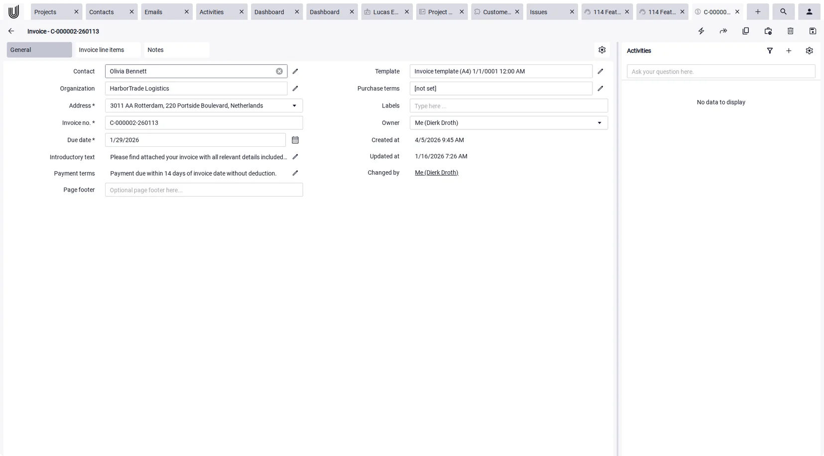 Document details in the quotation software: recipient, number, date and payment terms.