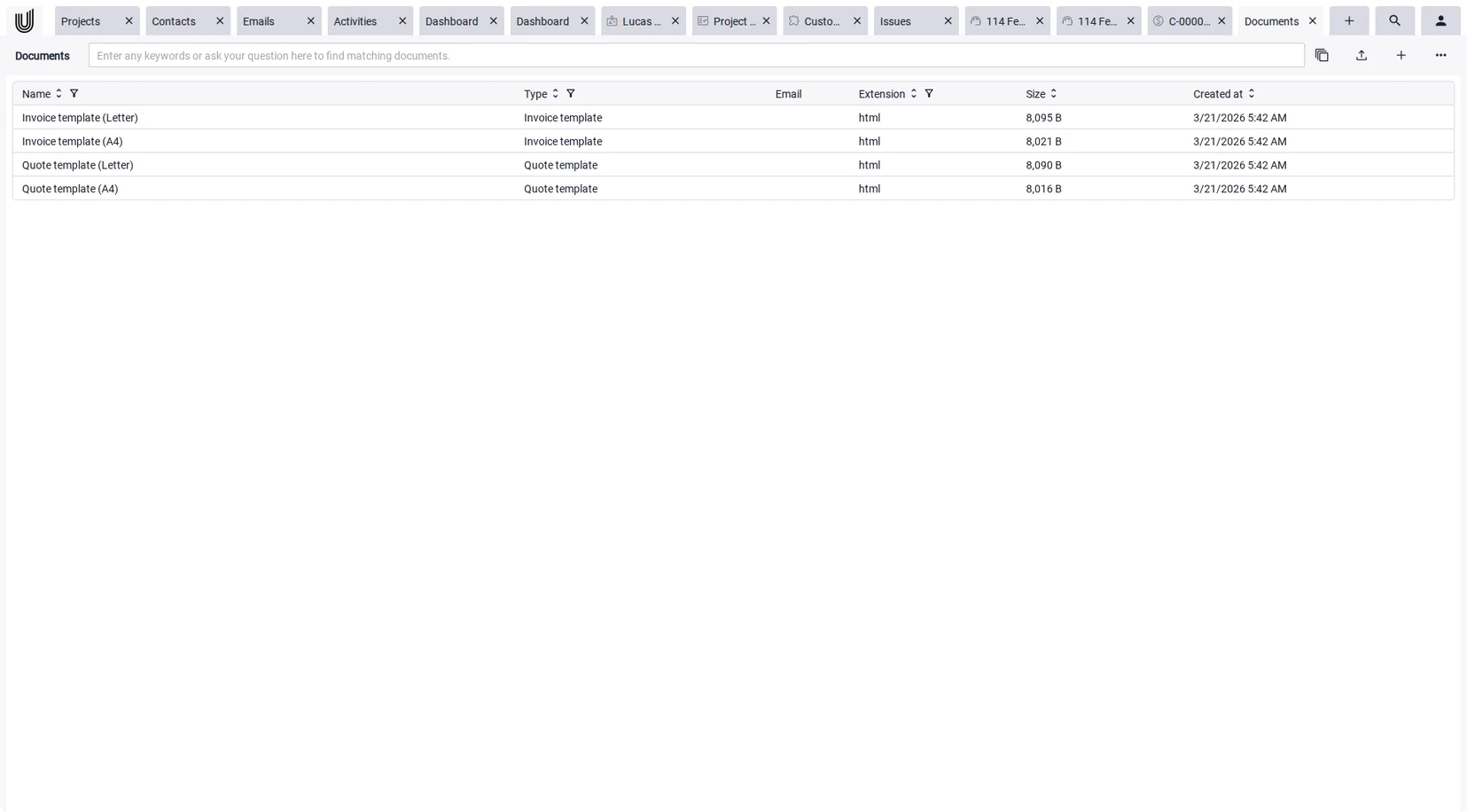 Invoice and quote templates in the billing software.