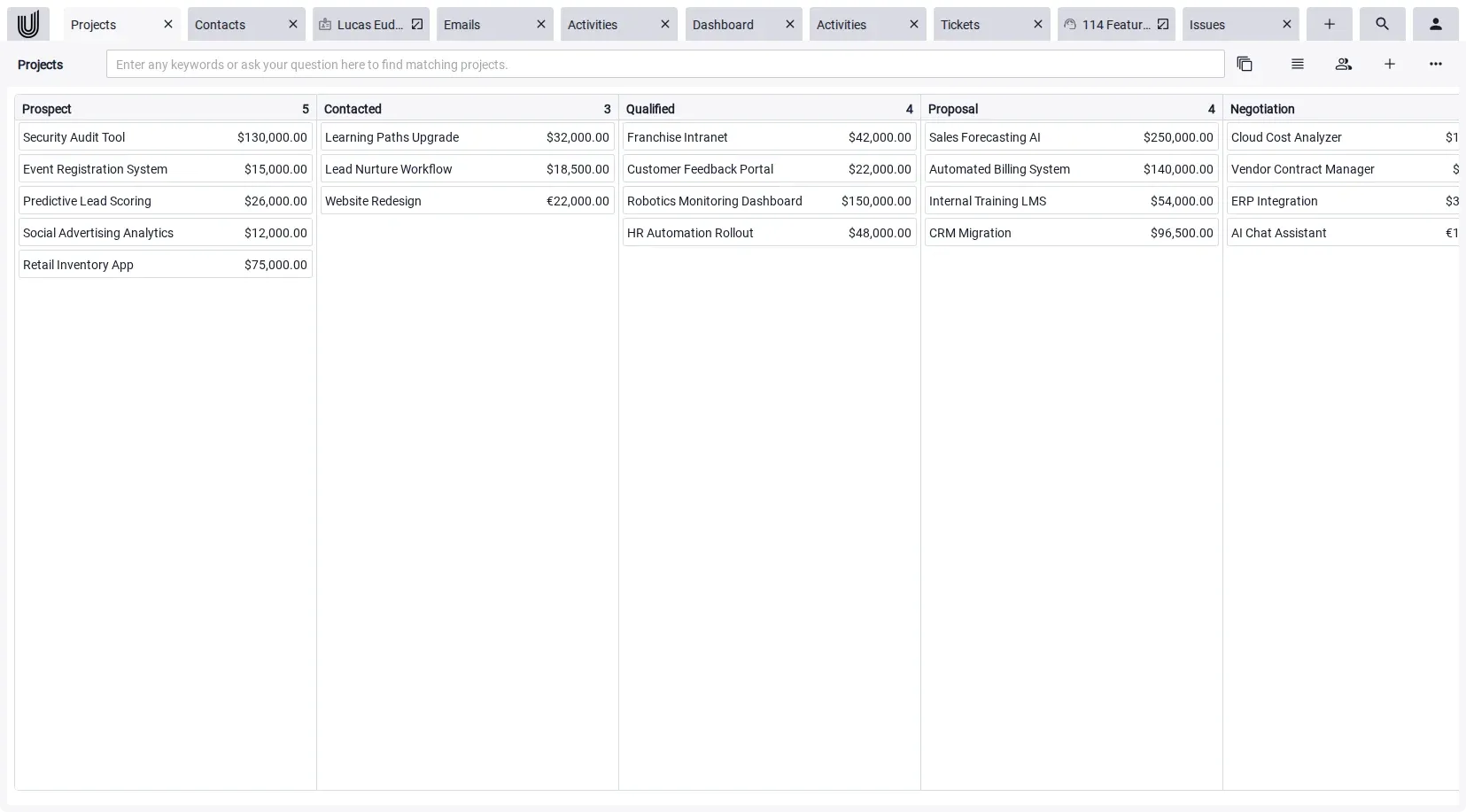 Kanban board view as a typical workflow management tool with cards in different process phases.